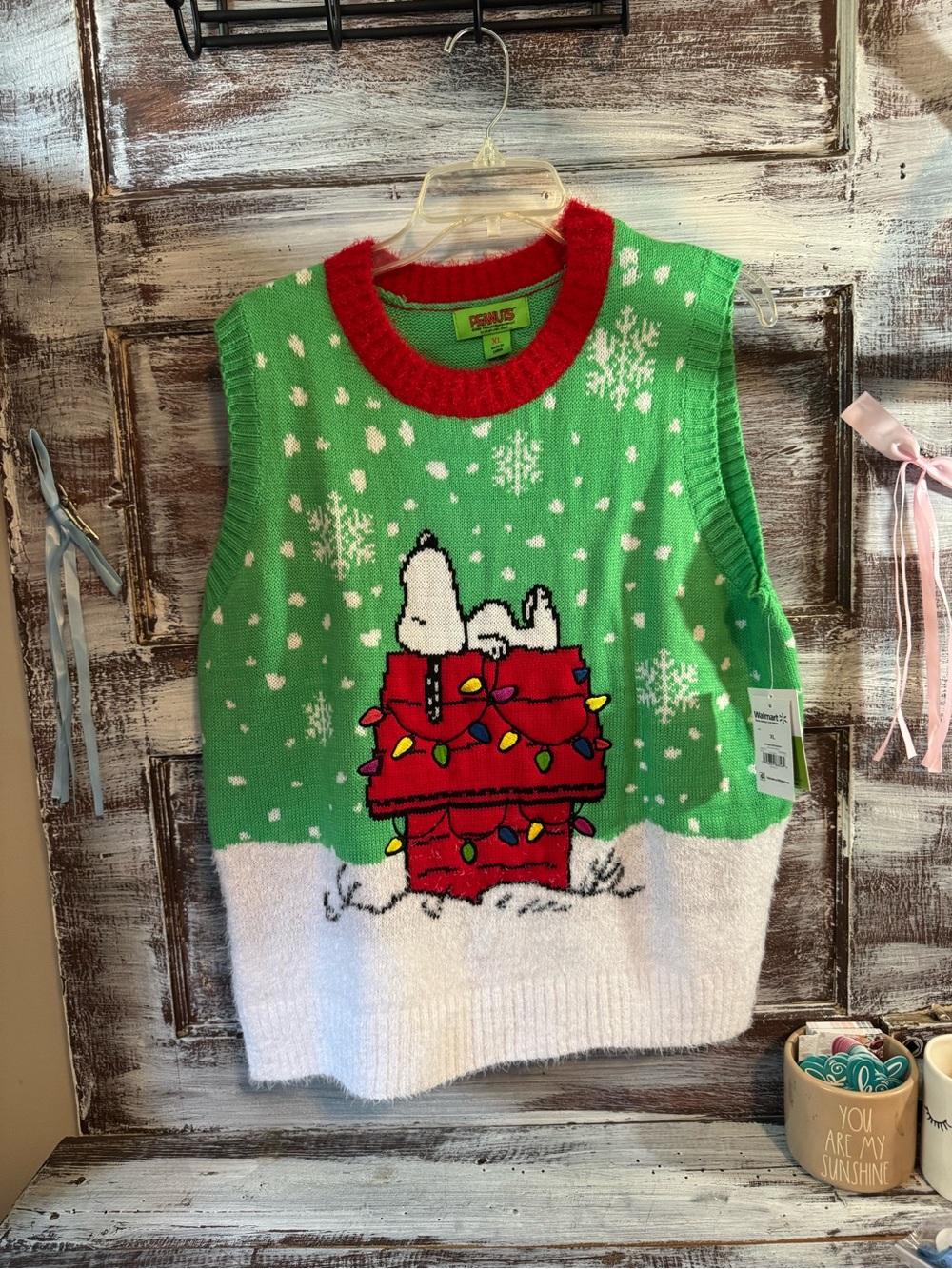Peanuts Snoopy Holiday Knit Vest - Green, White & Red